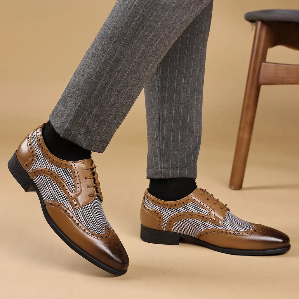 Men's black houndstooth pattern casual shoes with square toe and lace-up front on a rubber sole.