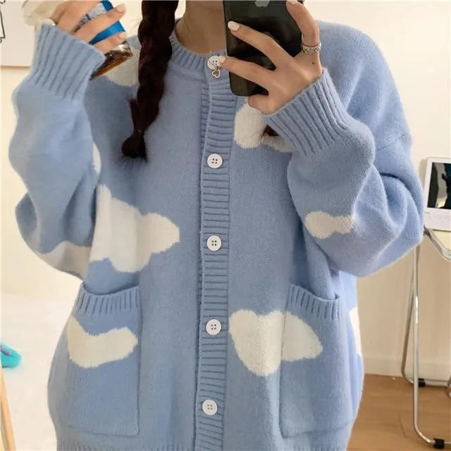 Blue cloud pattern women's loose spandex cardigan sweater with long sleeves