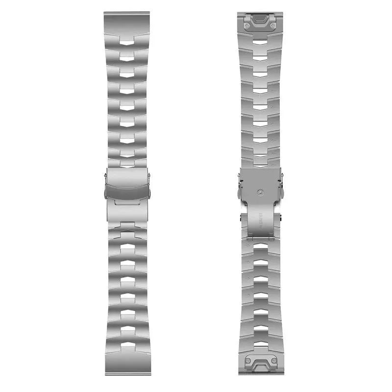 Garmin Fenix series replacement watch strap in black, silver, or titanium colour, showing 22mm and 26mm width options.