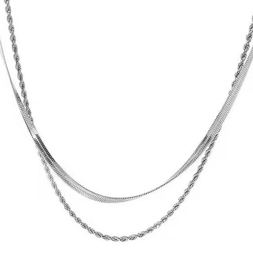 Women's retro solid colour double-layer twist necklace with titanium steel pendant and snake bones chain