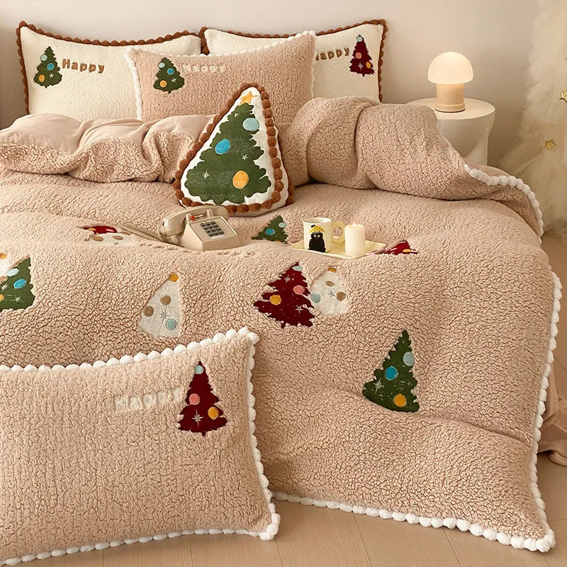 Bright yellow Christmas tree embroidery bedding set with fleece lining, showing quilt cover and pillowcases