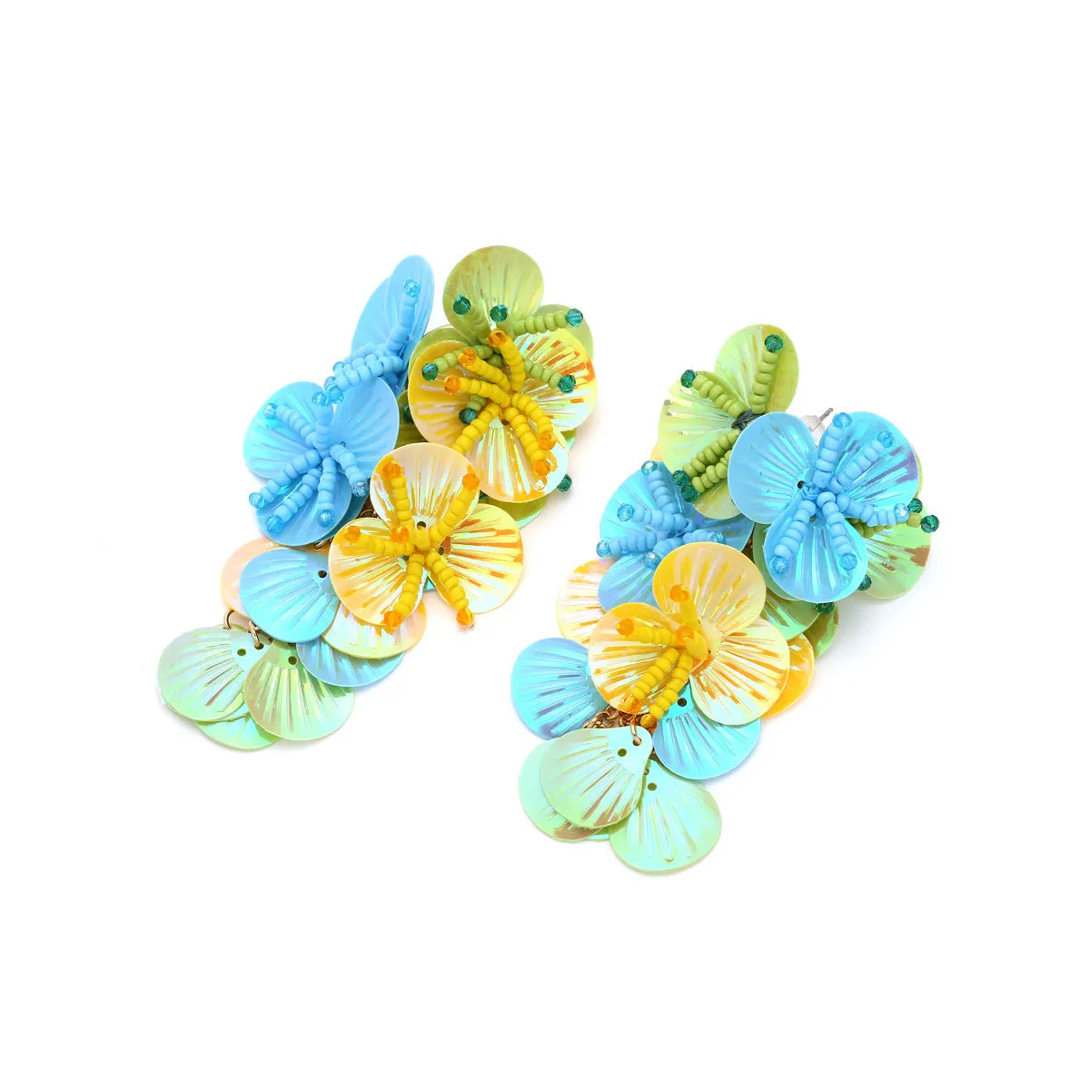 Handmade string bead flower earrings in dopamine style with exaggerated floral design