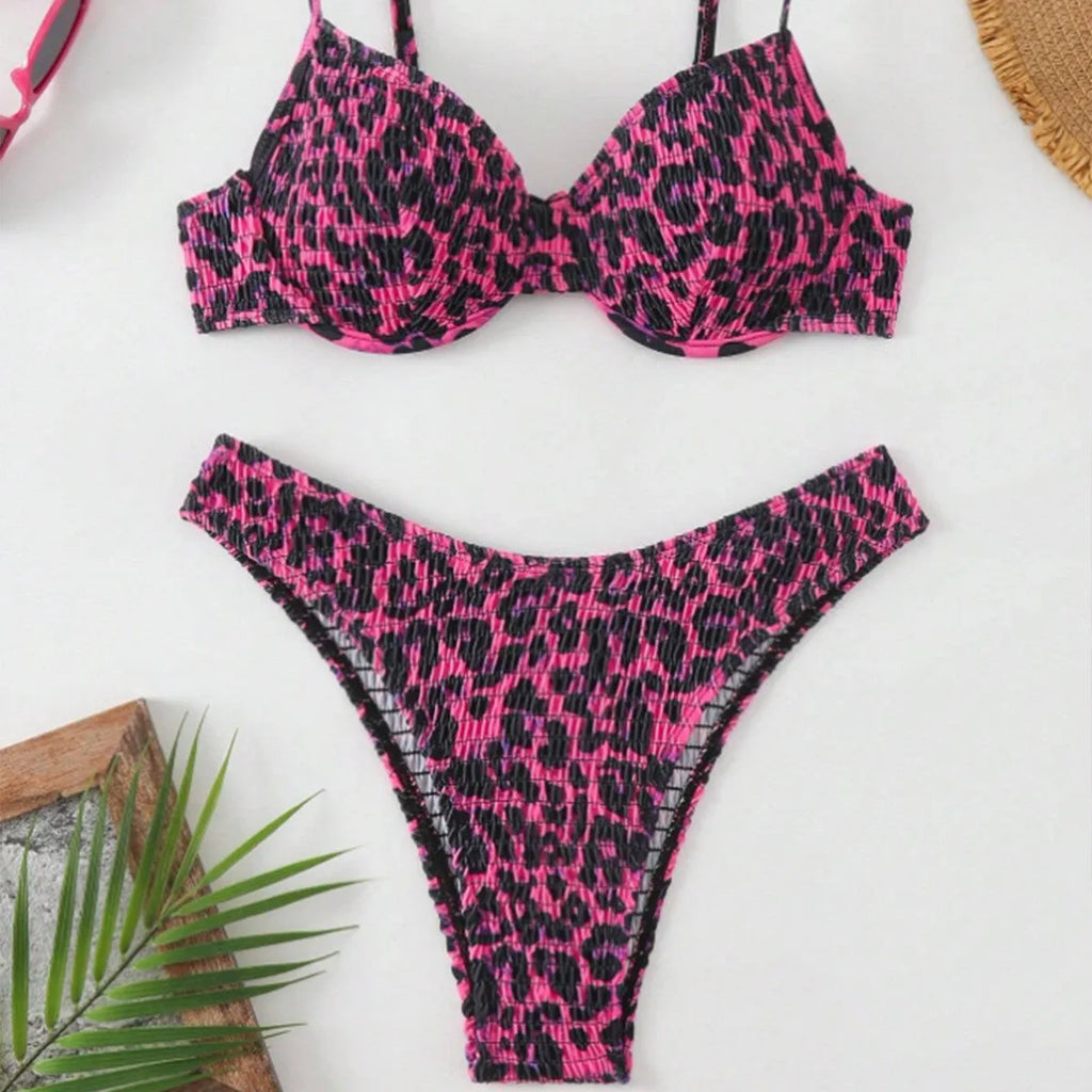 Leopard point backless bikini swimsuit in polyester spandex fabric