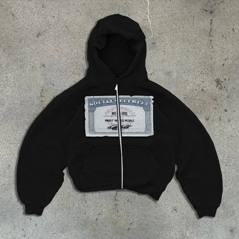 Men's and women's loose fit hoodie jacket with zipper pockets in letter pattern design