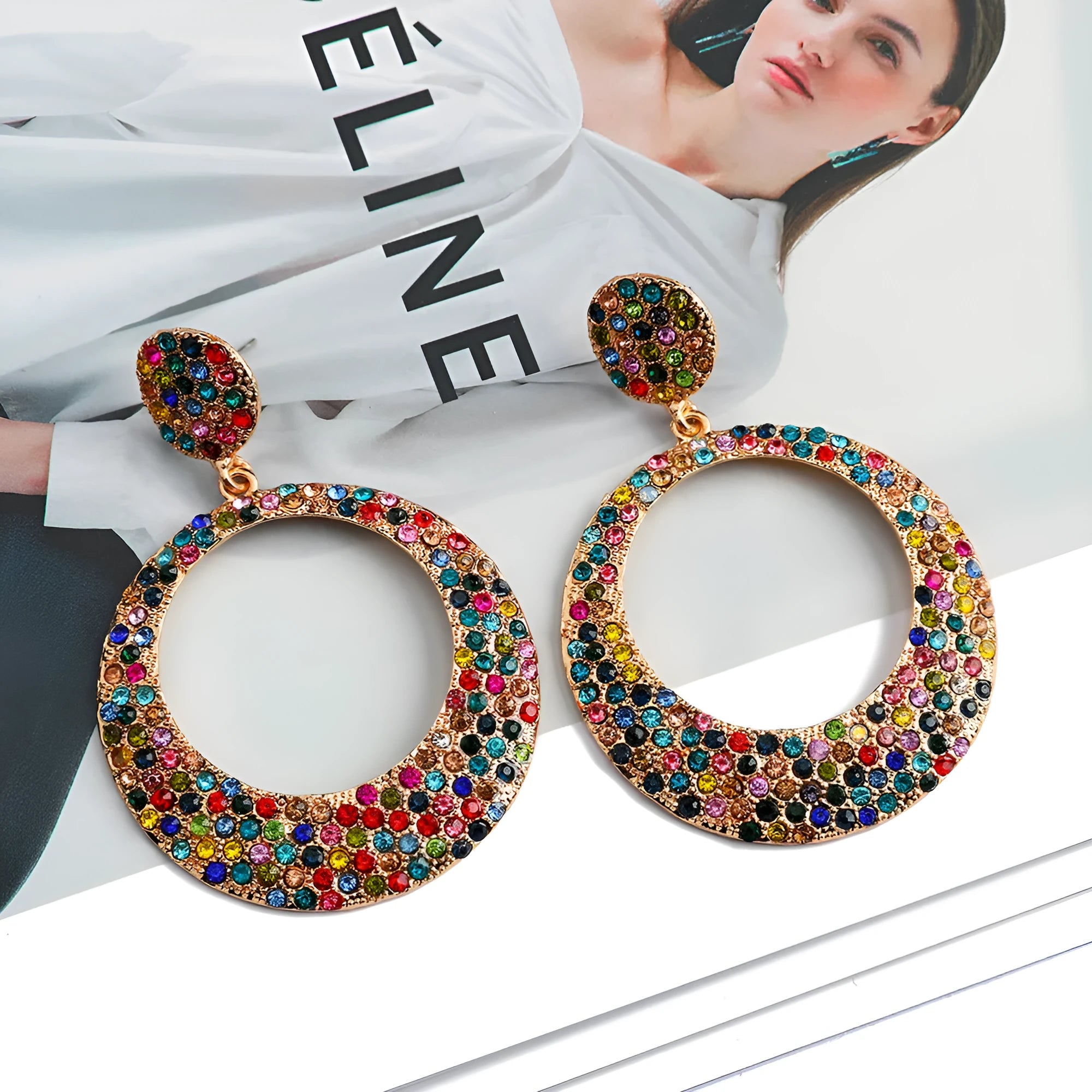 Cartoon style alloy earrings with colour diamond-shaped pendants in European American fashion