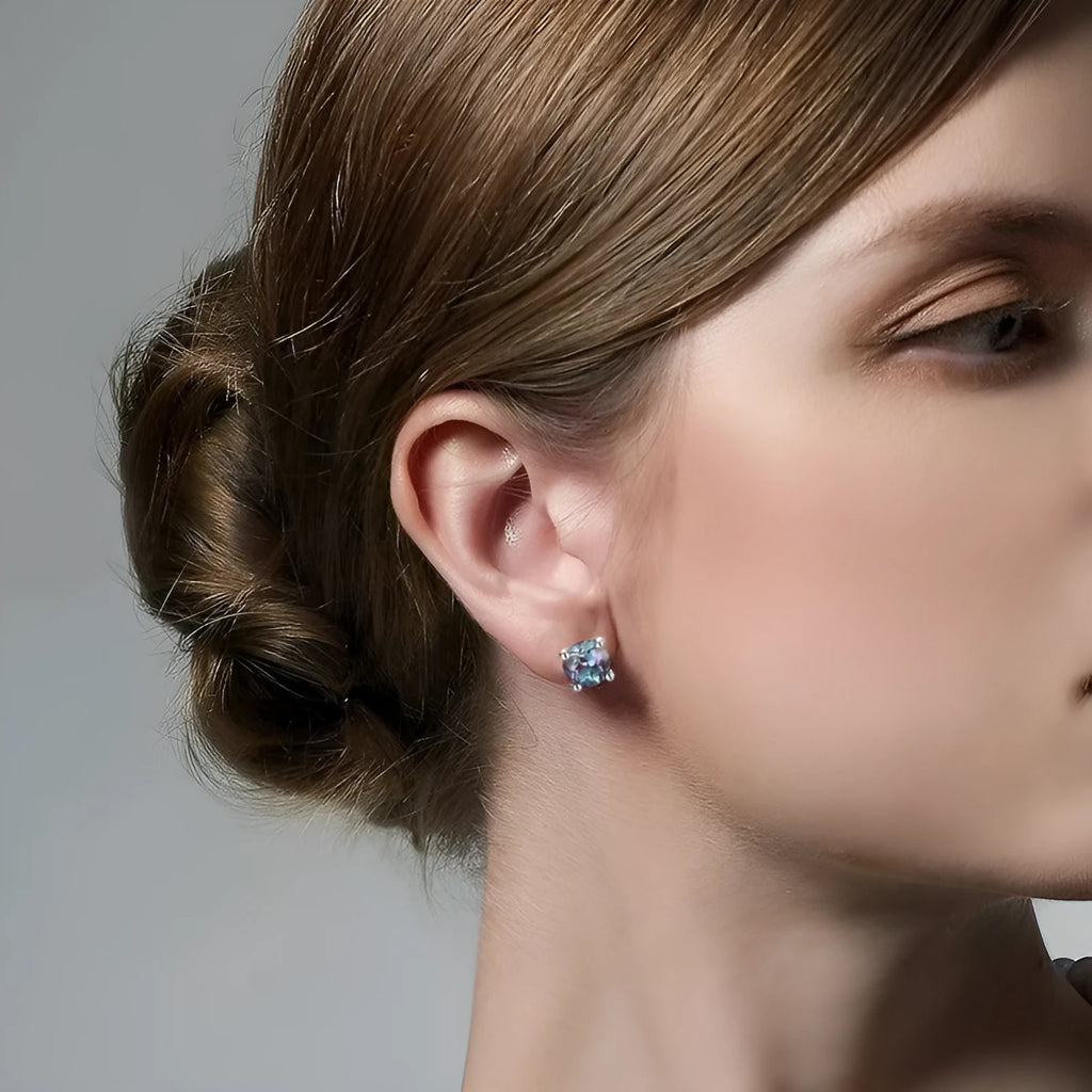 Silver geometric ear studs with round Alexander stone in cultivate colour