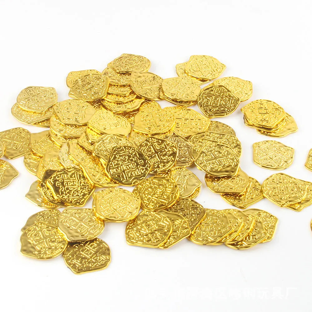 100 plastic Roman coin replicas with metallic bronze, gold, and silver electroplated finishes displayed together.