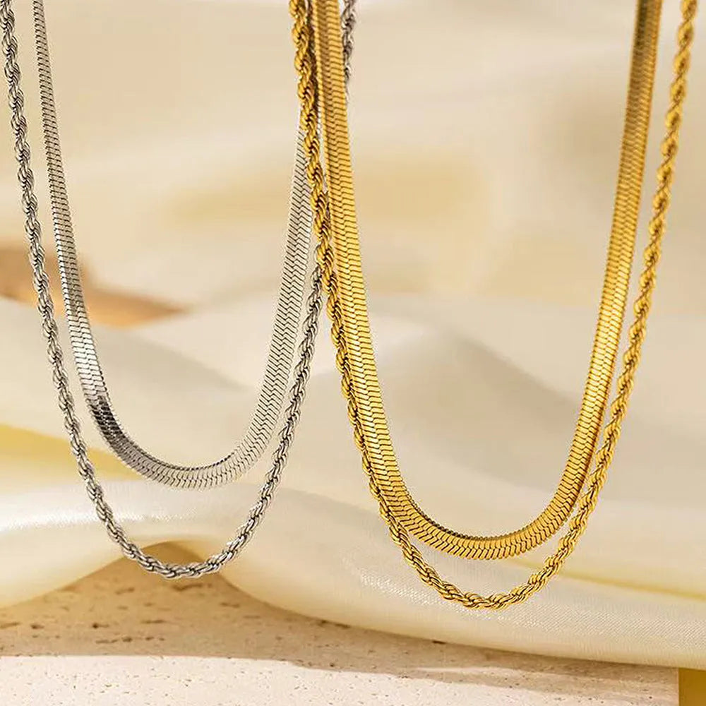 Women's retro solid colour double-layer twist necklace with titanium steel pendant and snake bones chain