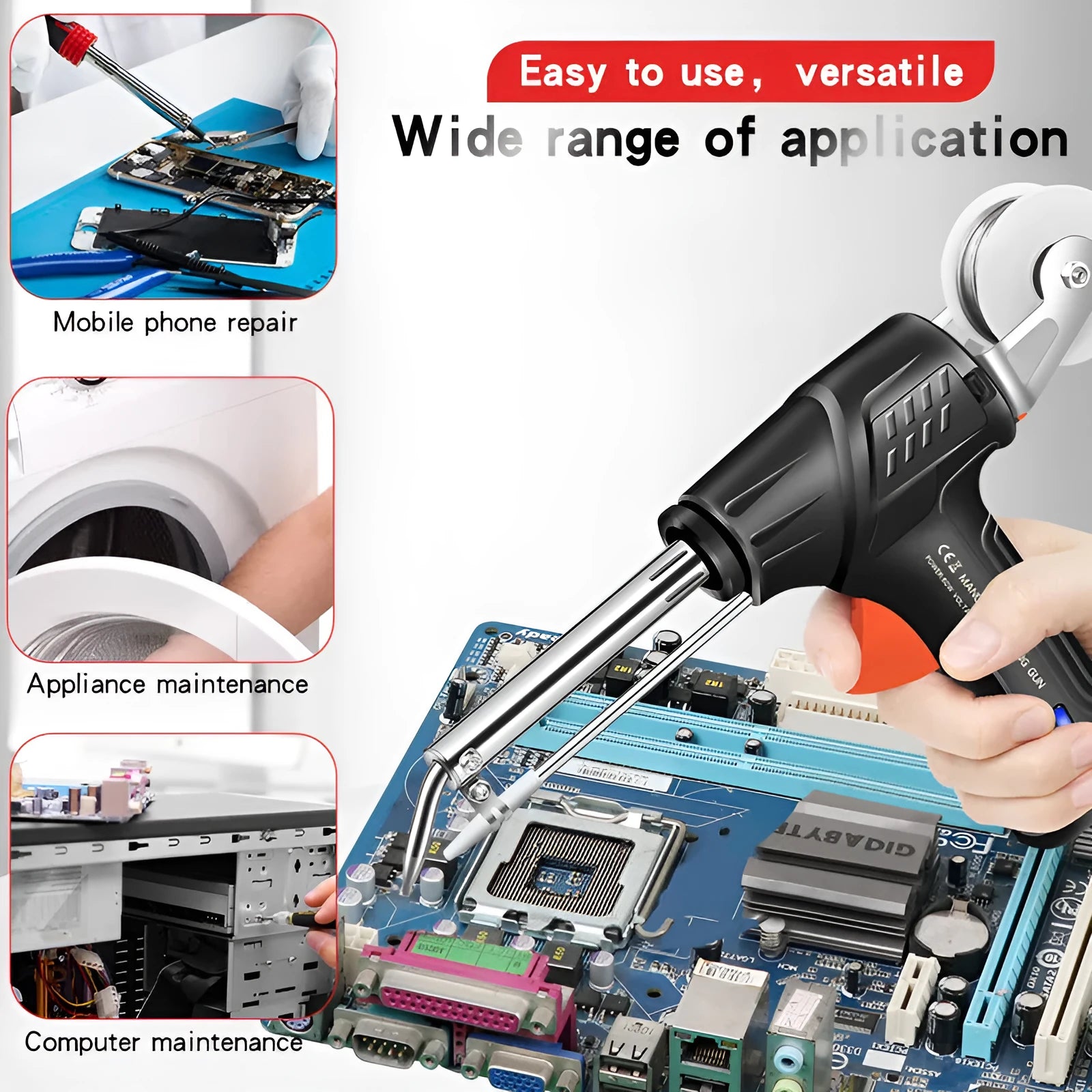 Black soldering gun kit with LED light, five-piece set with alloy construction.
