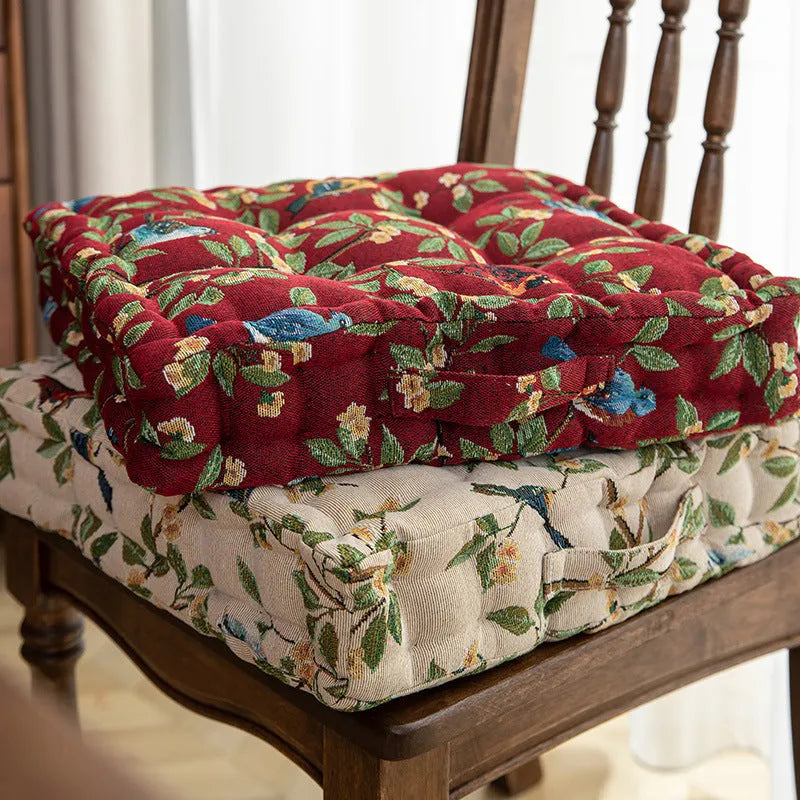 American style square dining chair cushion in apricot colour with floral bird pattern, showing 8cm thickness.