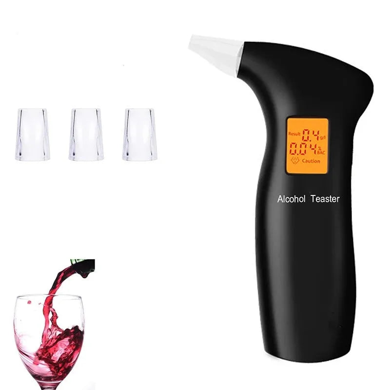 Portable orange light breath alcohol tester with replaceable mouthpieces on a grey background
