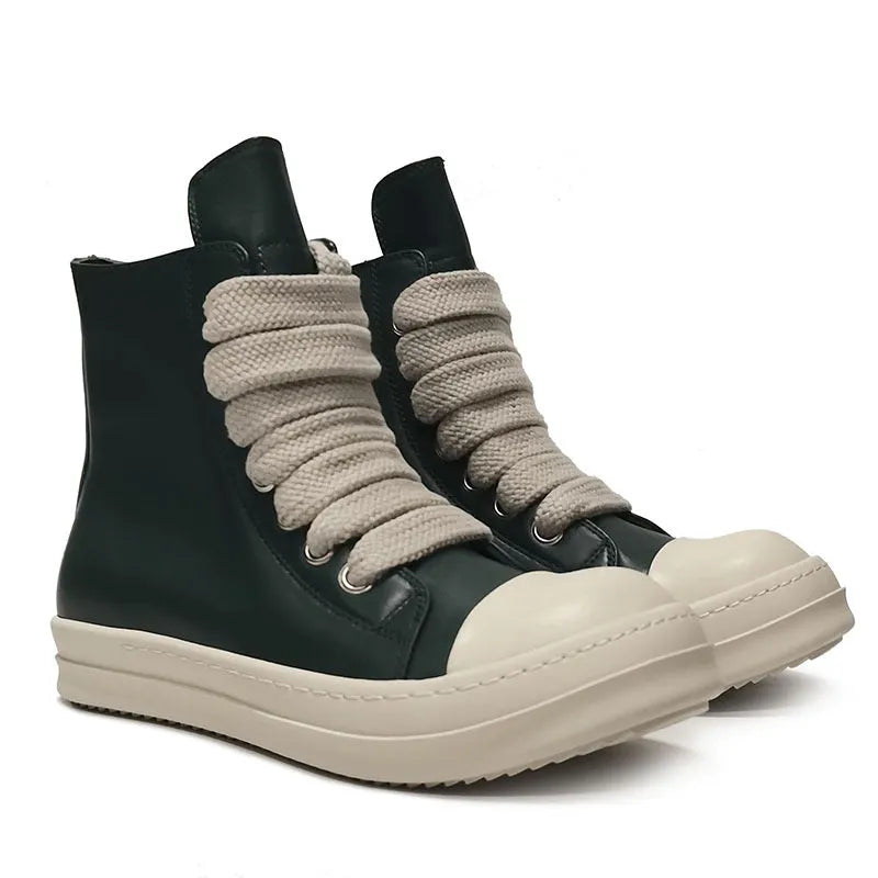 Men's and women's black high-top leather shoes with a side zipper and visible stitching on a round toe