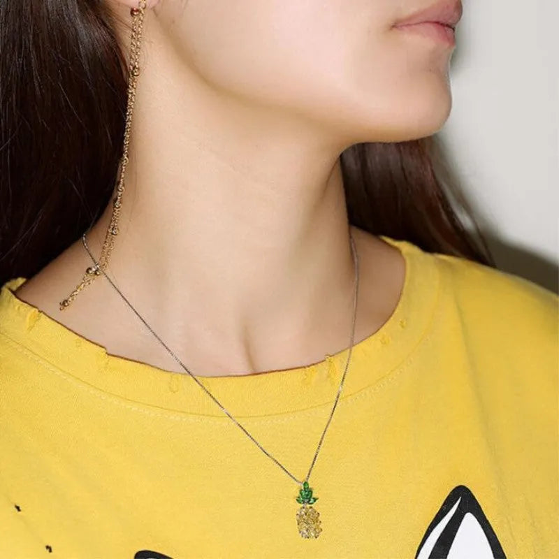 Geometric pineapple charm necklace in silver tone with Korean fashion styling