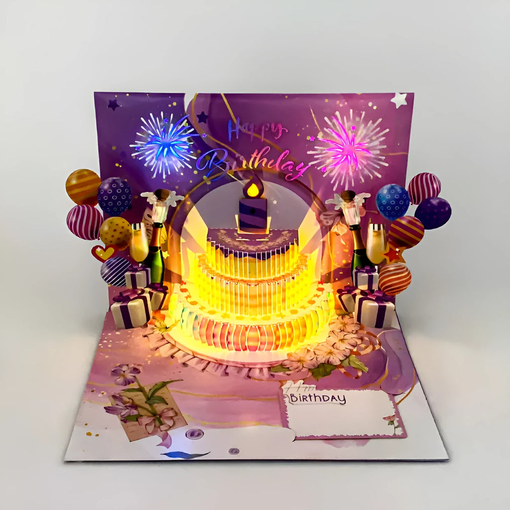 Open 3D pop-up greeting card with Chinese ink style cake illustration, showing manual folding detail.