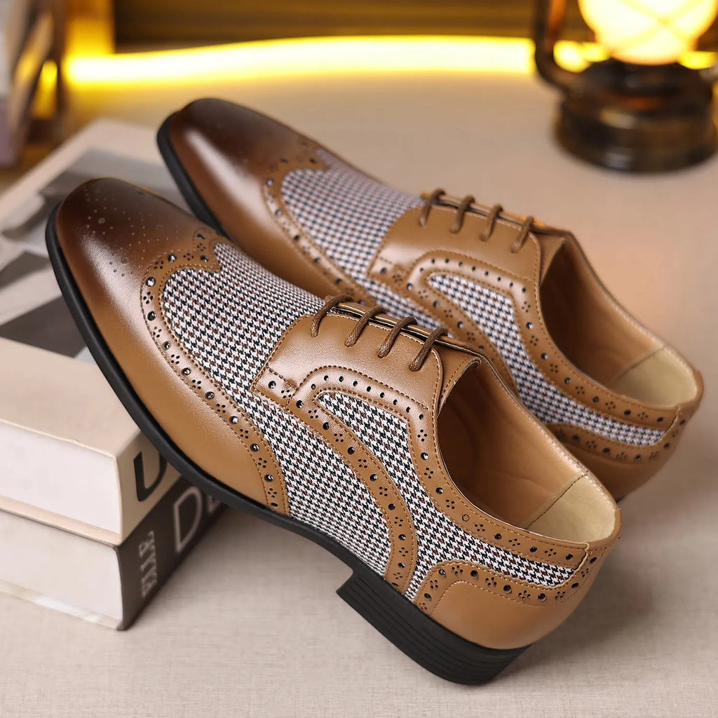 Men's black houndstooth pattern casual shoes with square toe and lace-up front on a rubber sole.