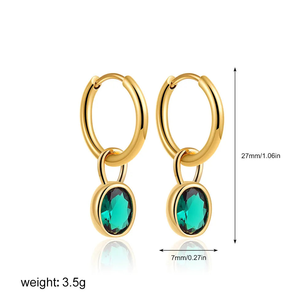 Women's oval zircon earrings in copper on a post, shown in army green colour.