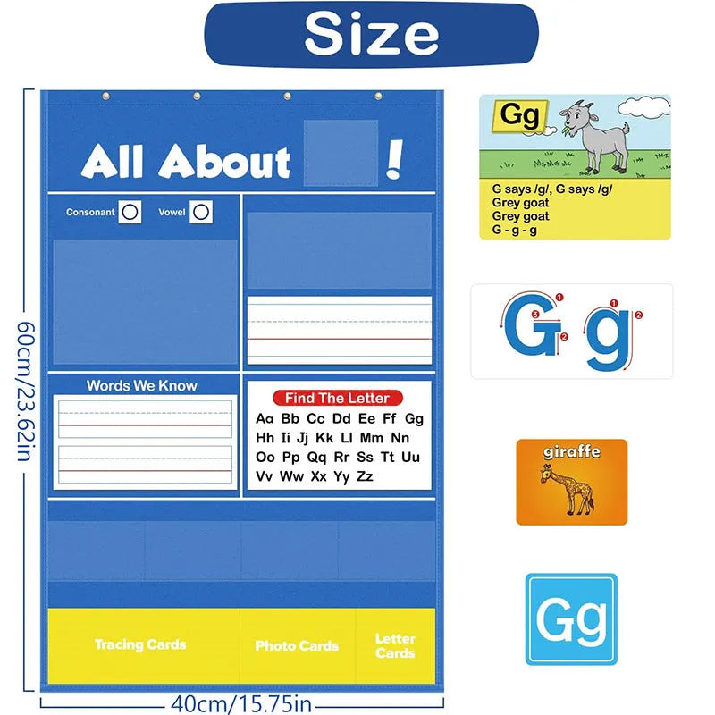 Large blue alphabet learning chart with scattered letter cards, word cards, and picture cards for children.