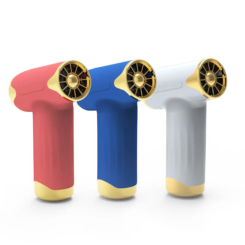 Blue handheld portable fan with brushless turbofan motor showing rotation feature