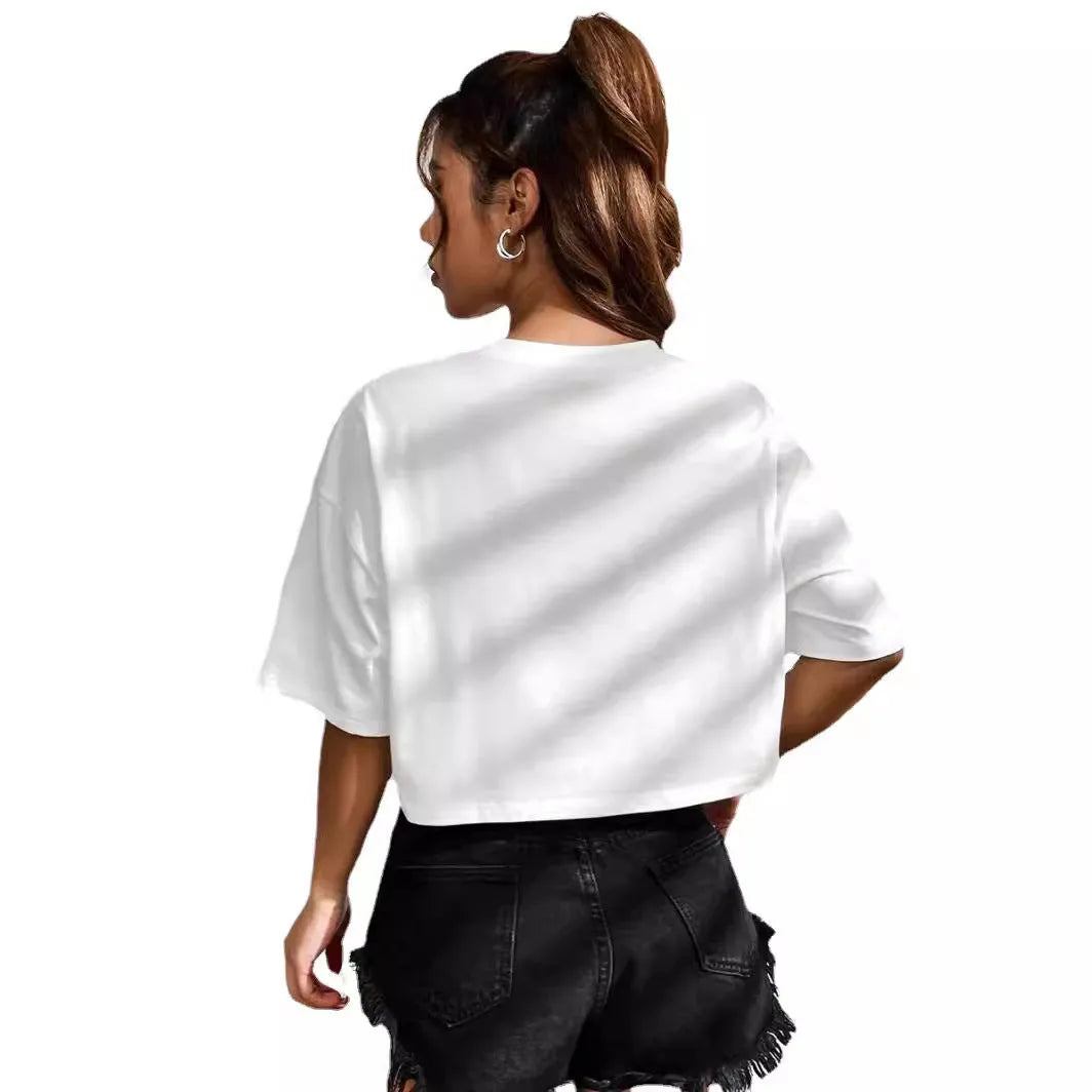 Personalised English letters cotton T-shirt with loose fit and exposed navel detail in black or white colours