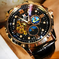 Men's rose gold skeleton automatic watch with black leather strap showing mechanical movement