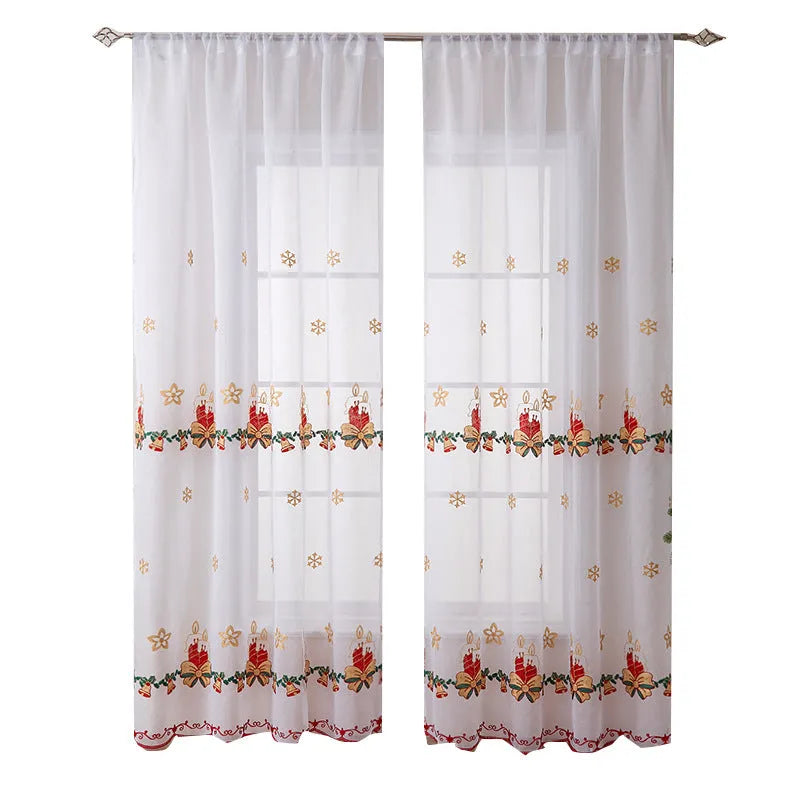 Pair of white Christmas curtains with embroidered red snowflake pattern