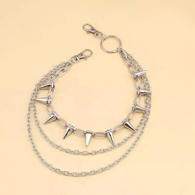 Silver metal pants chain with double-layer design and rivet details for punk hip hop fashion