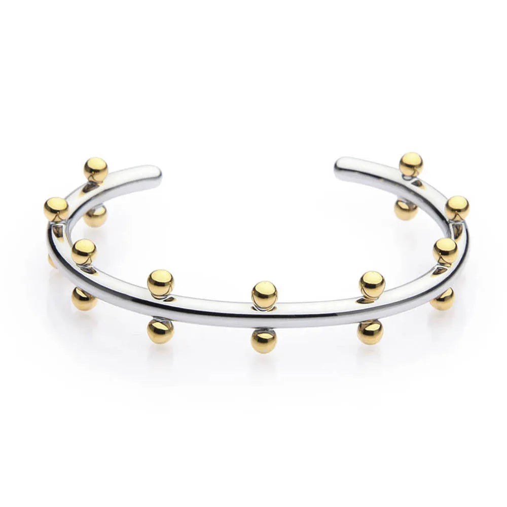 Stainless steel C-shaped bean beads with rivet texture in steel, gold and steel gold colours
