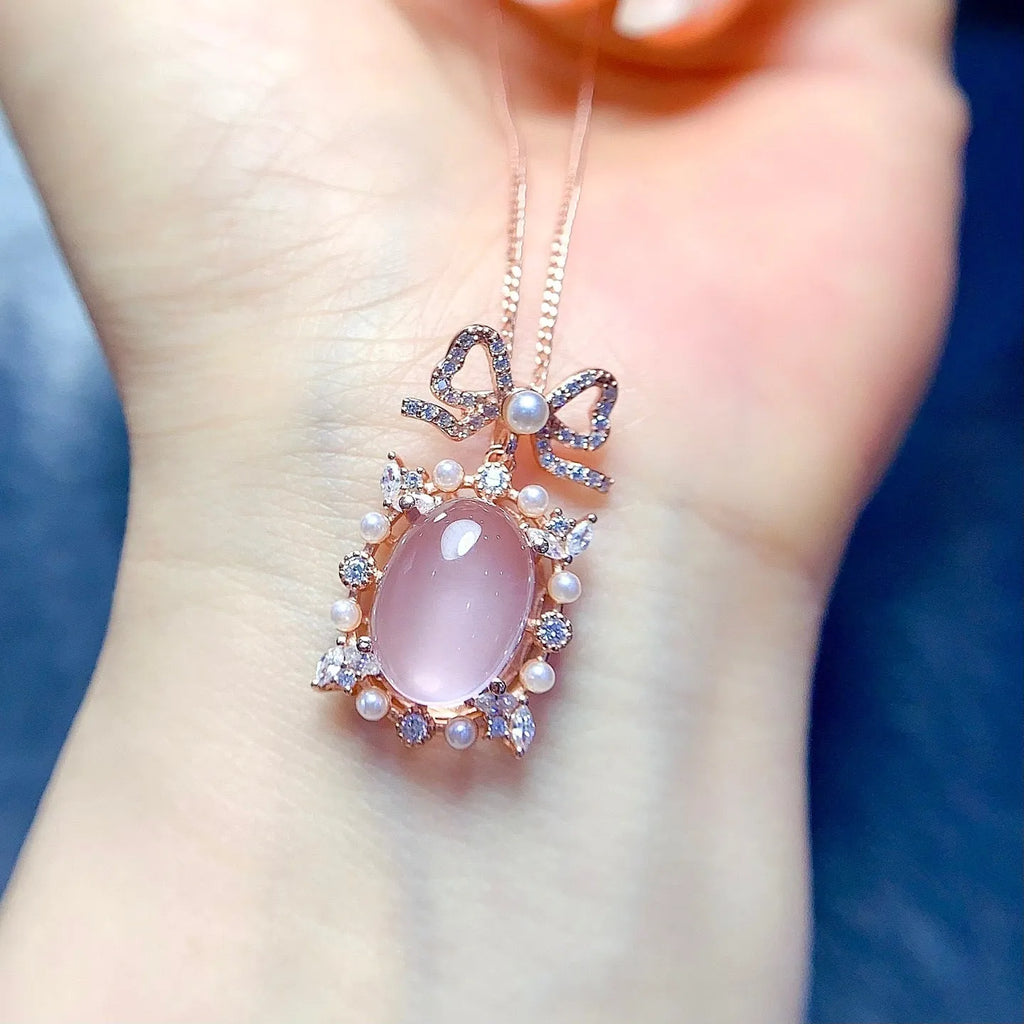 Rose quartz geometric pendant on rose gold plated silver chain necklace