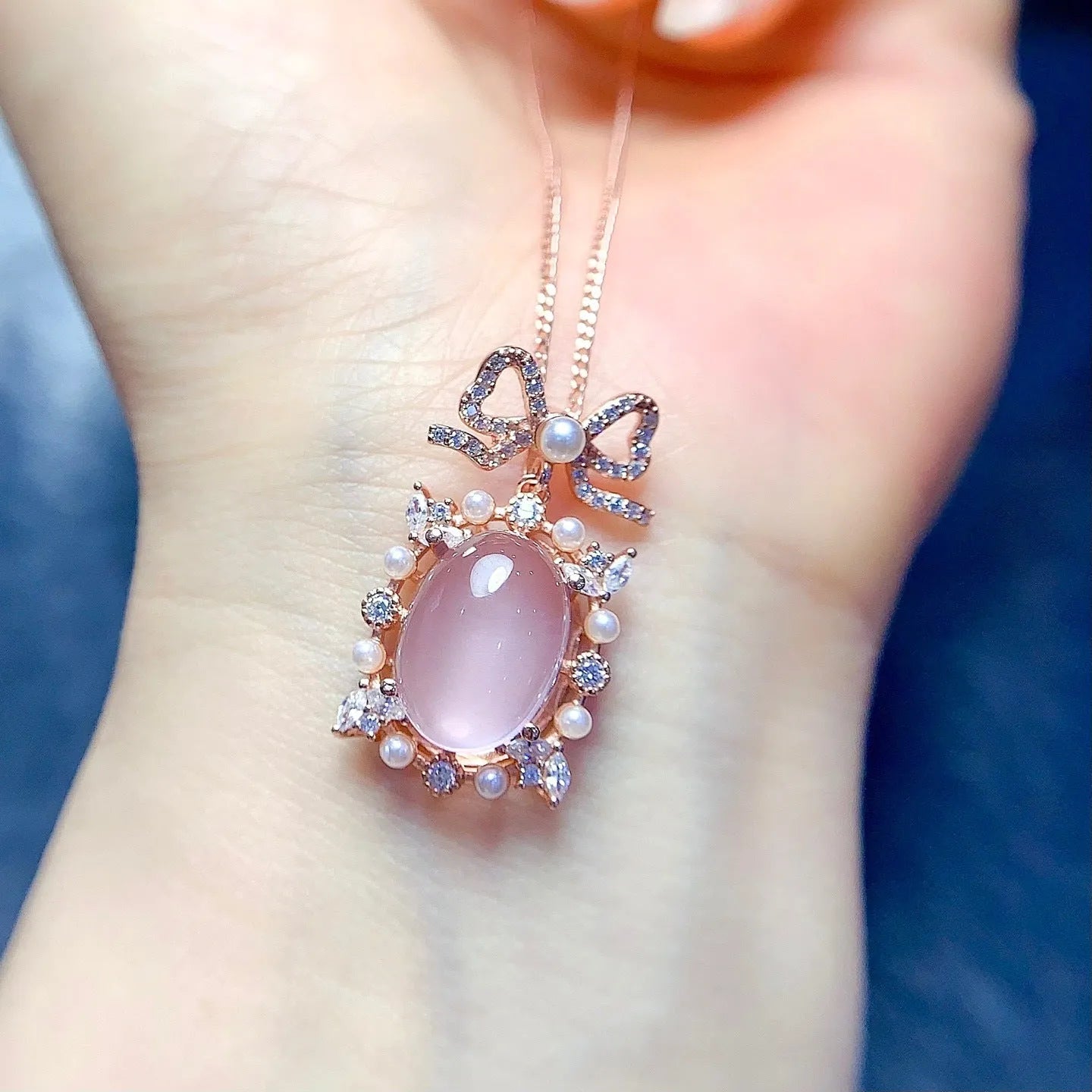 Rose quartz geometric pendant on rose gold plated silver chain necklace
