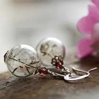 Transparent glass ball earrings with dandelion seed crystal decoration and French hooks