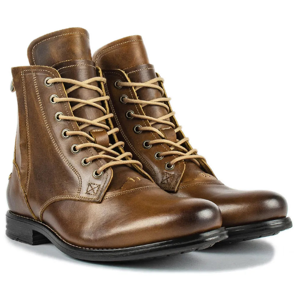 Knight Series two-tone black and brown leather boots with a side zipper and low heel.