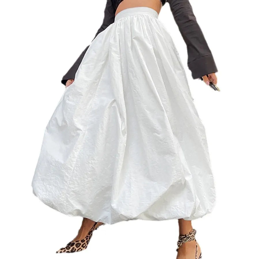 Women's solid colour cotton long skirt with elastic waistband in white or black