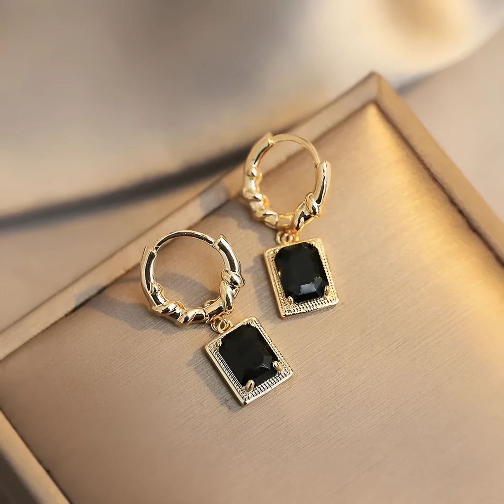 Geometric black zircon copper earrings with quadrilateral design in E2506 black colour