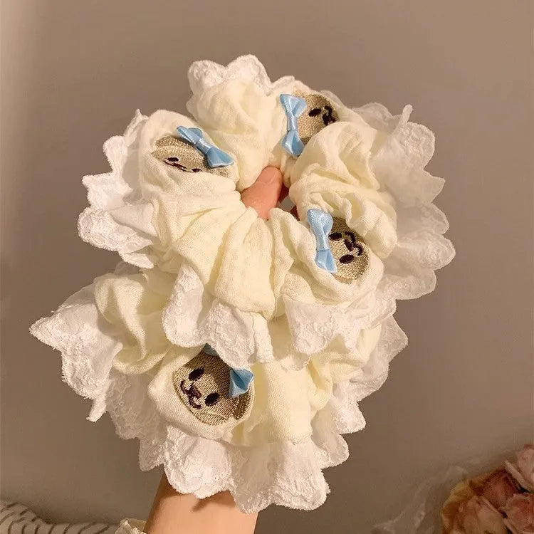 Bear blue bow lace large intestine hair ring elastic headband with cute bear design elements