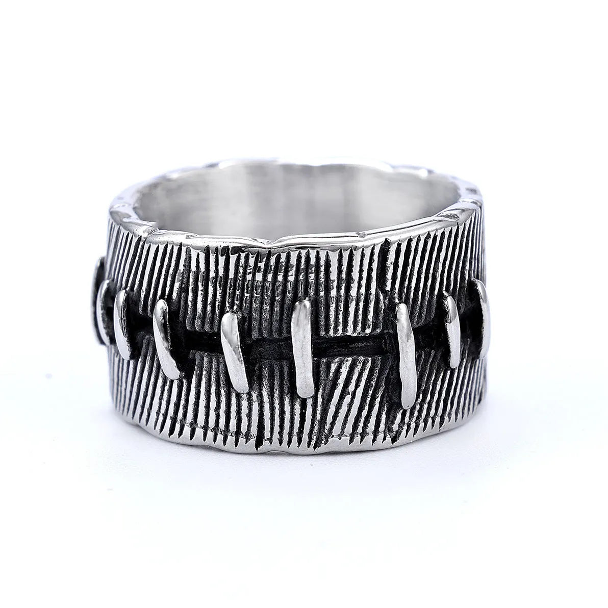 Dark punk titanium steel ring with geometric U-shape and double ring design