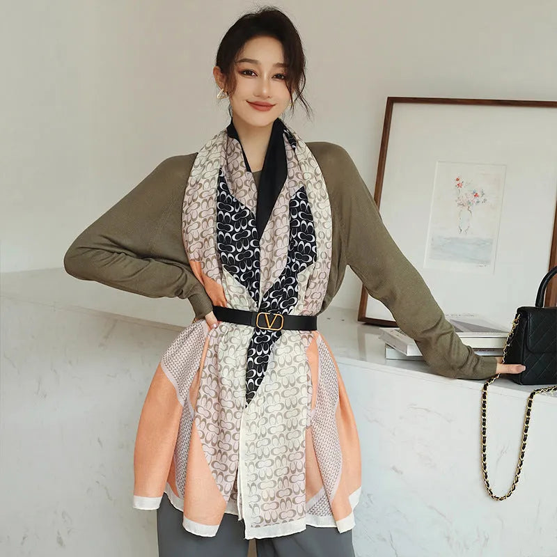 Polyester women's printed shawl scarf with vintage patterns measuring 180 x 90 cm