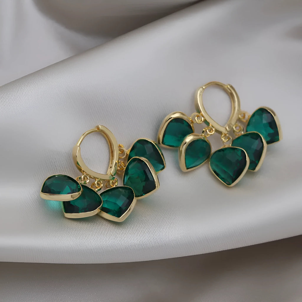 Korean style green heart glass ear clip earrings with artificial gemstone inlay