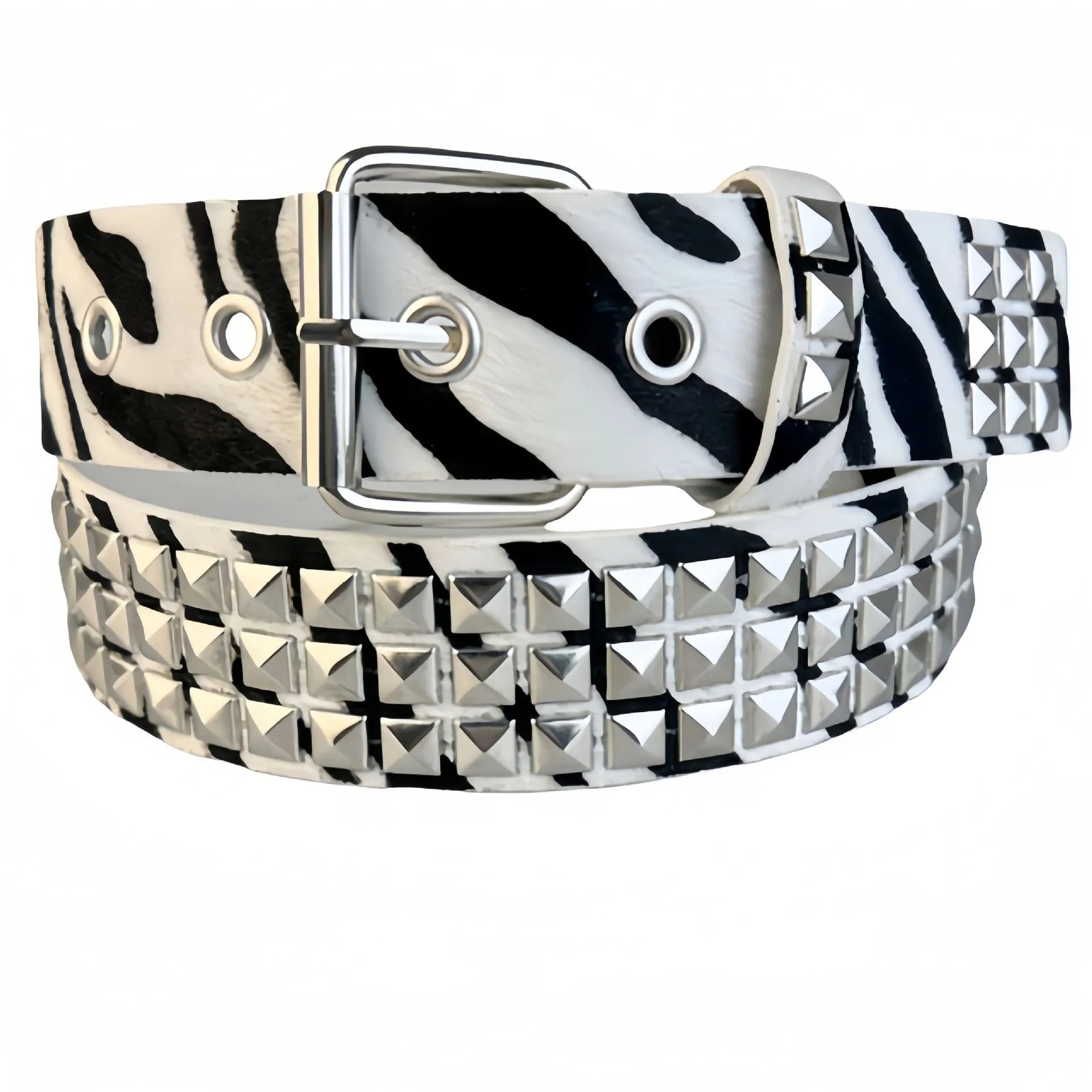 Punk style women's brown leopard print belt with metal decorative rivets and an alloy pin buckle.