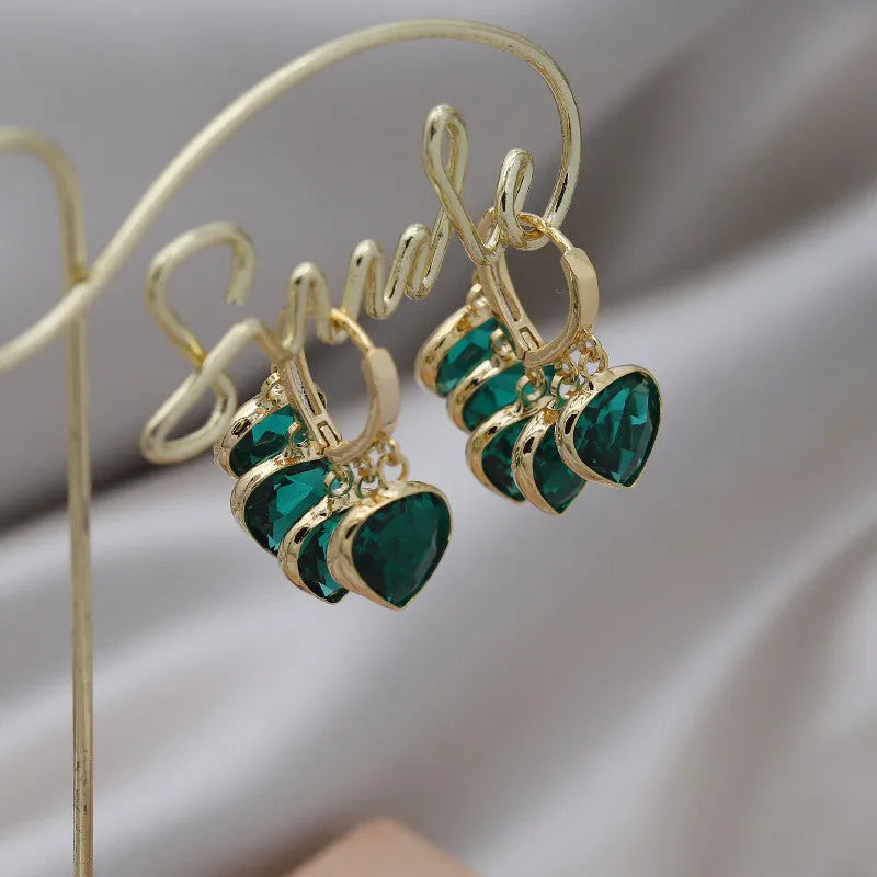 Korean style green heart glass ear clip earrings with artificial gemstone inlay