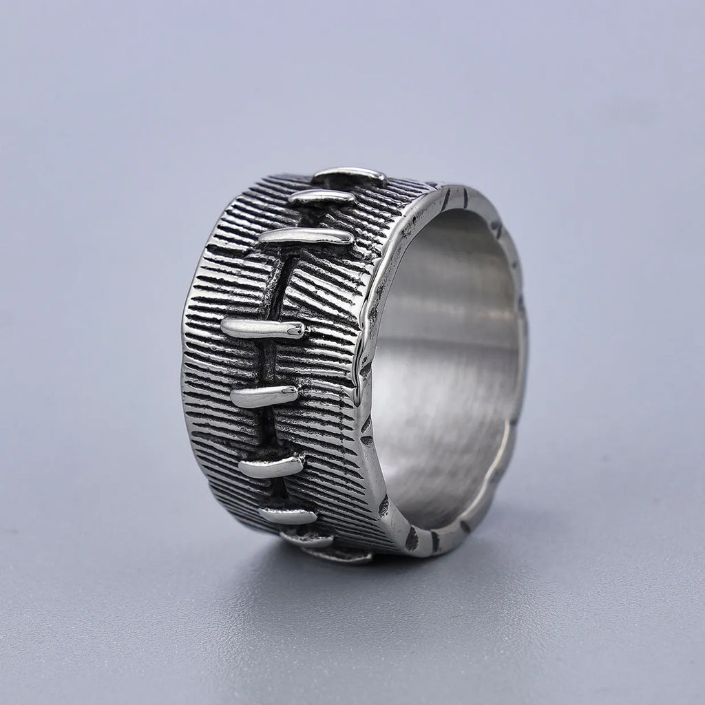 Dark punk titanium steel ring with geometric U-shape and double ring design