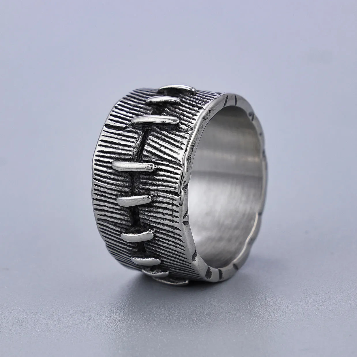 Dark punk titanium steel ring with geometric U-shape and double ring design
