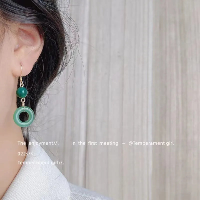 Green jade design peace buckle shaped Chinese style earrings with zinc alloy construction