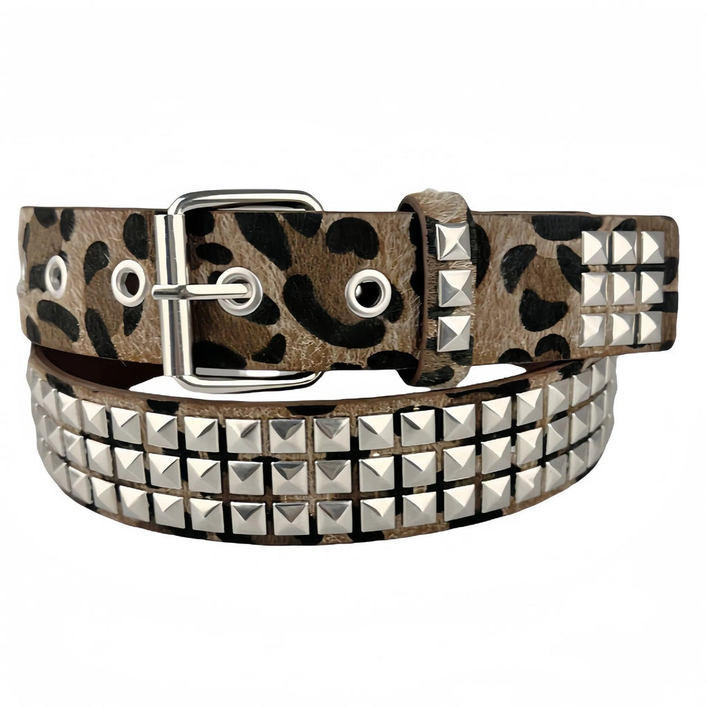 Punk style women's brown leopard print belt with metal decorative rivets and an alloy pin buckle.