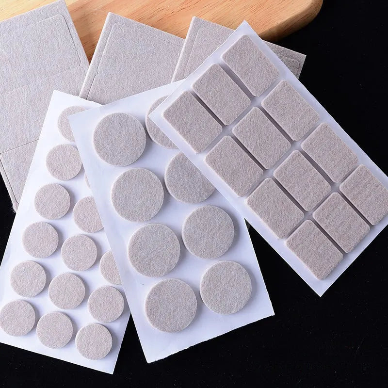 Beige furniture leg protection pads in round and square sizes for floor scratch prevention