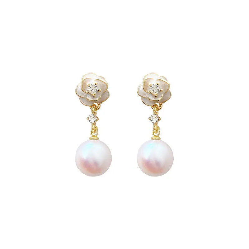 Camellia flower stud earrings with pearl accents for women, alloy floral jewellery