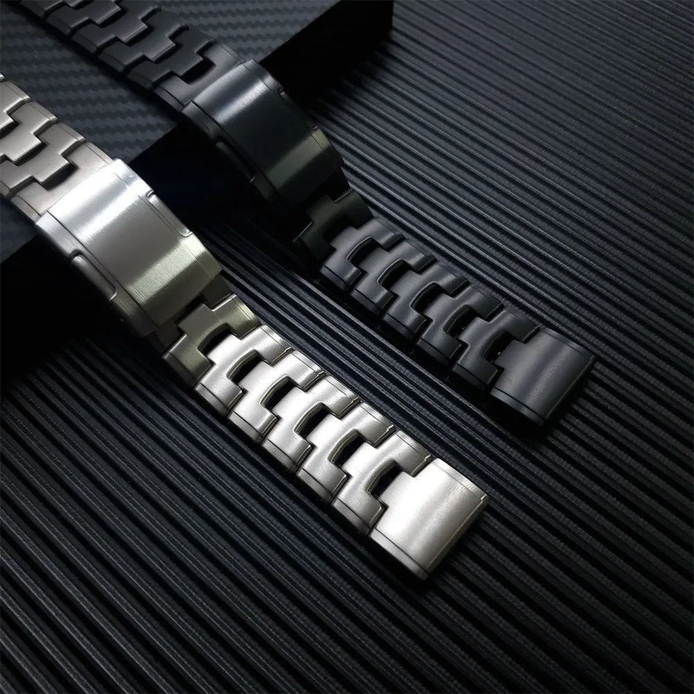 Garmin Fenix series replacement watch strap in black, silver, or titanium colour, showing 22mm and 26mm width options.