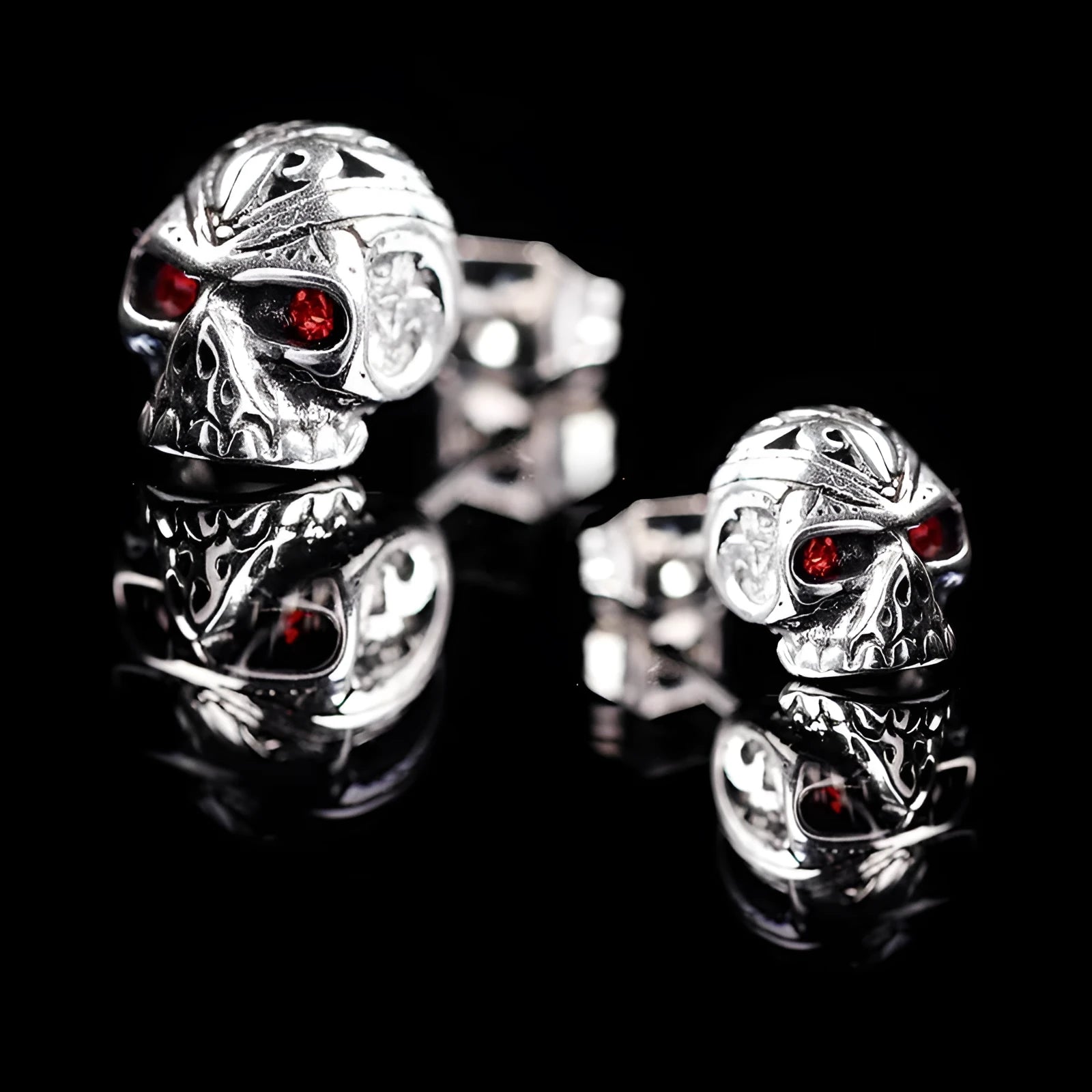 Skull stud earrings with red eye ghost head design and retro styling