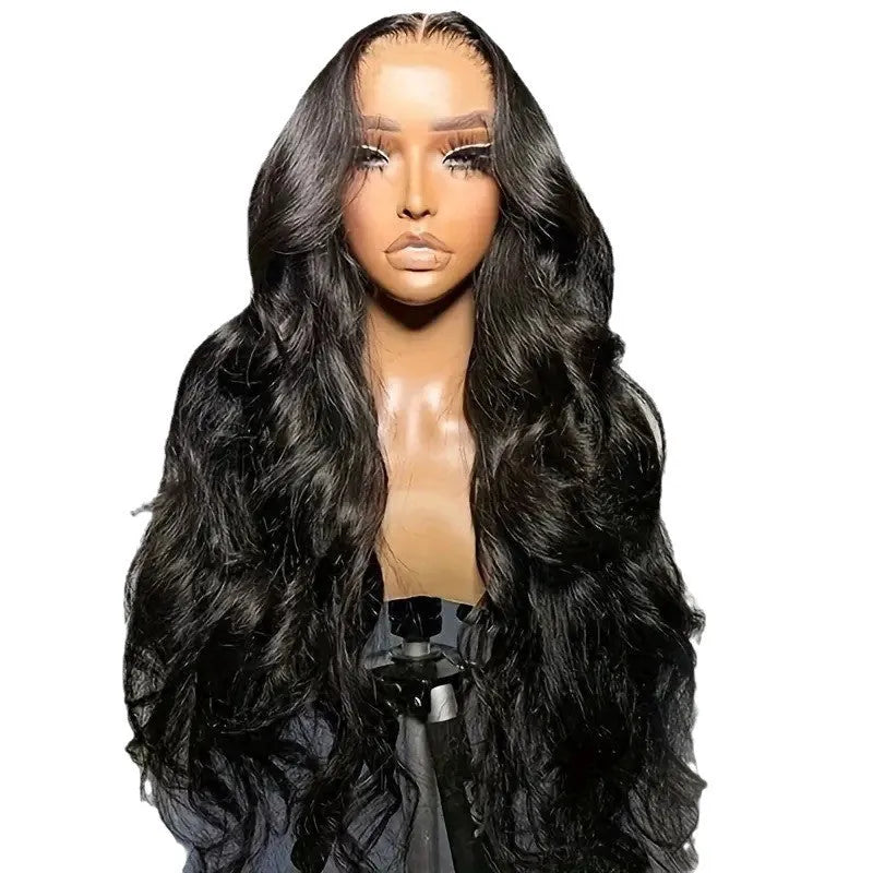 Black synthetic wig with big wave texture and lace front construction on display