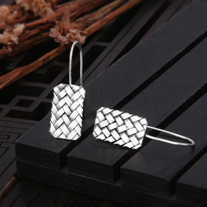 925 silver geometric woven plaid diamond earrings measuring 17.5mm by 11mm