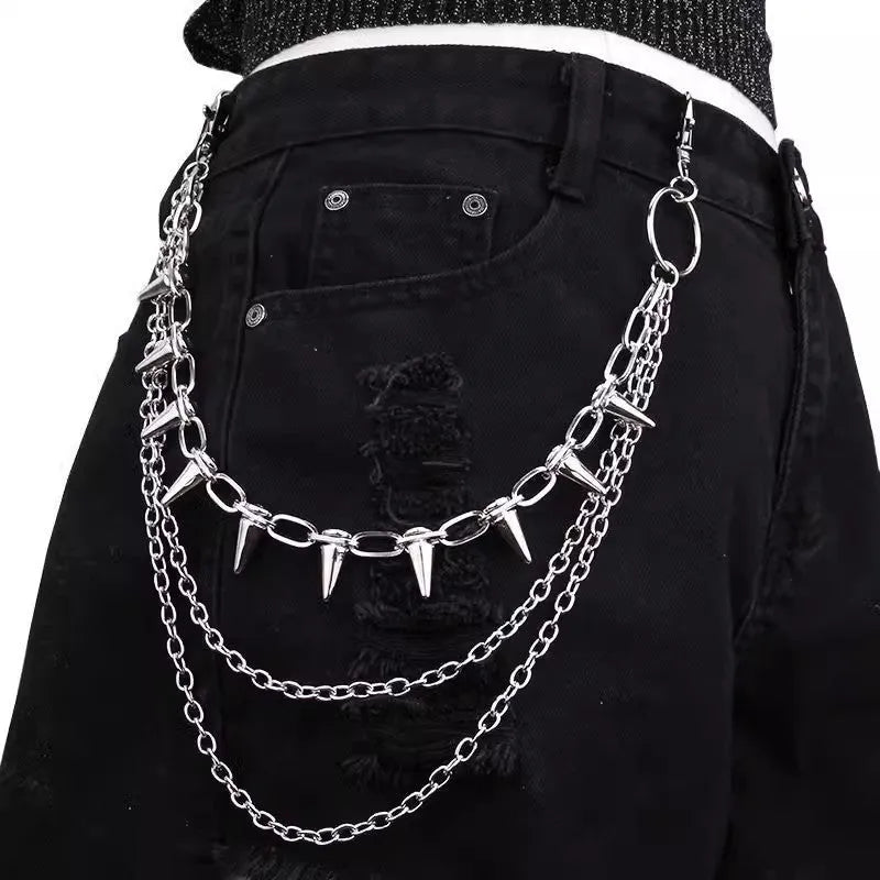 Silver metal pants chain with double-layer design and rivet details for punk hip hop fashion